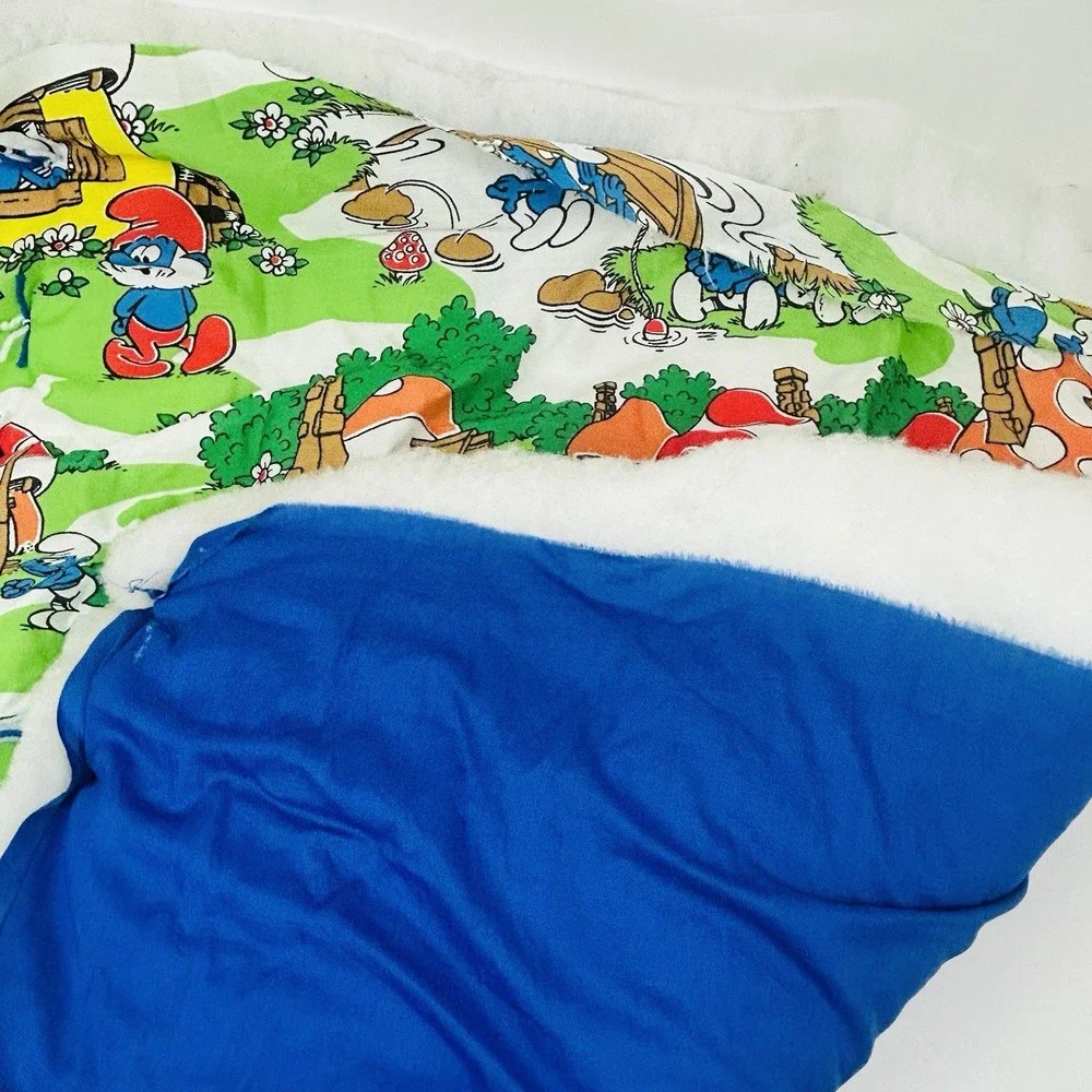 Vintage Smurfs Baby Blanket Quilt Project Unfinished Edges 48x42 Handmade 80s